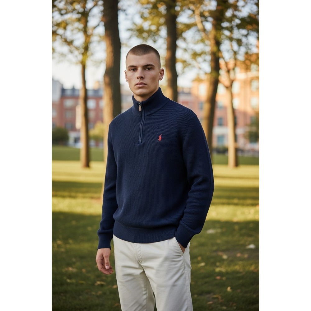 Polo Ralph Lauren Mens Navy Blue Quarter Zip Ribbed Cotton Sweater‎ Logo XL